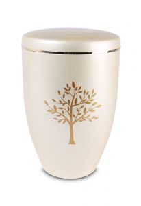 Urna funeraria de metal 'Ãrbol' crema blanca con borde dorado